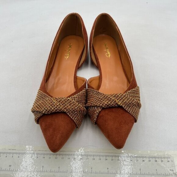 XYD Brown D'Orsay Pointed Toe Flats Rhinestone Bowknot Slip On Dating Dress Shoe - Picture 3 of 8